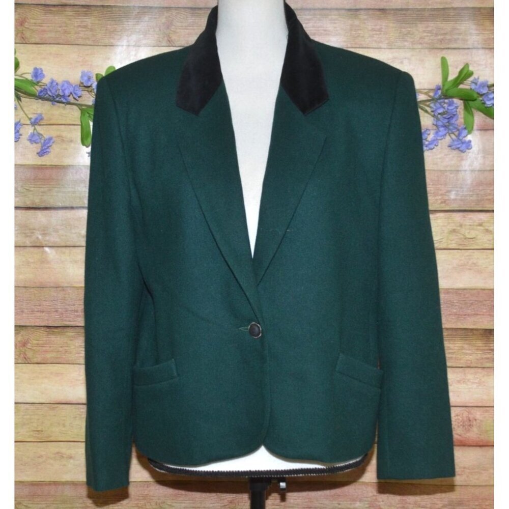 Vintage Koret Size 12 12P Emerald Green Wool Holiday Blazer Jacket Suede Collar